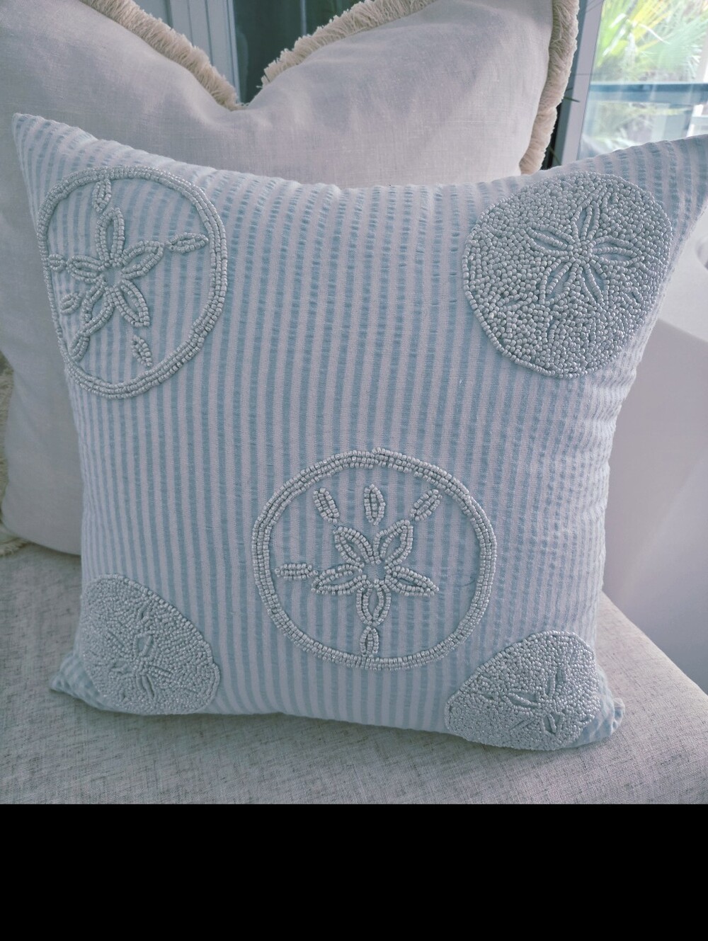 Mud Pie Light Blue Striped Beaded Sand Dollar Pillow